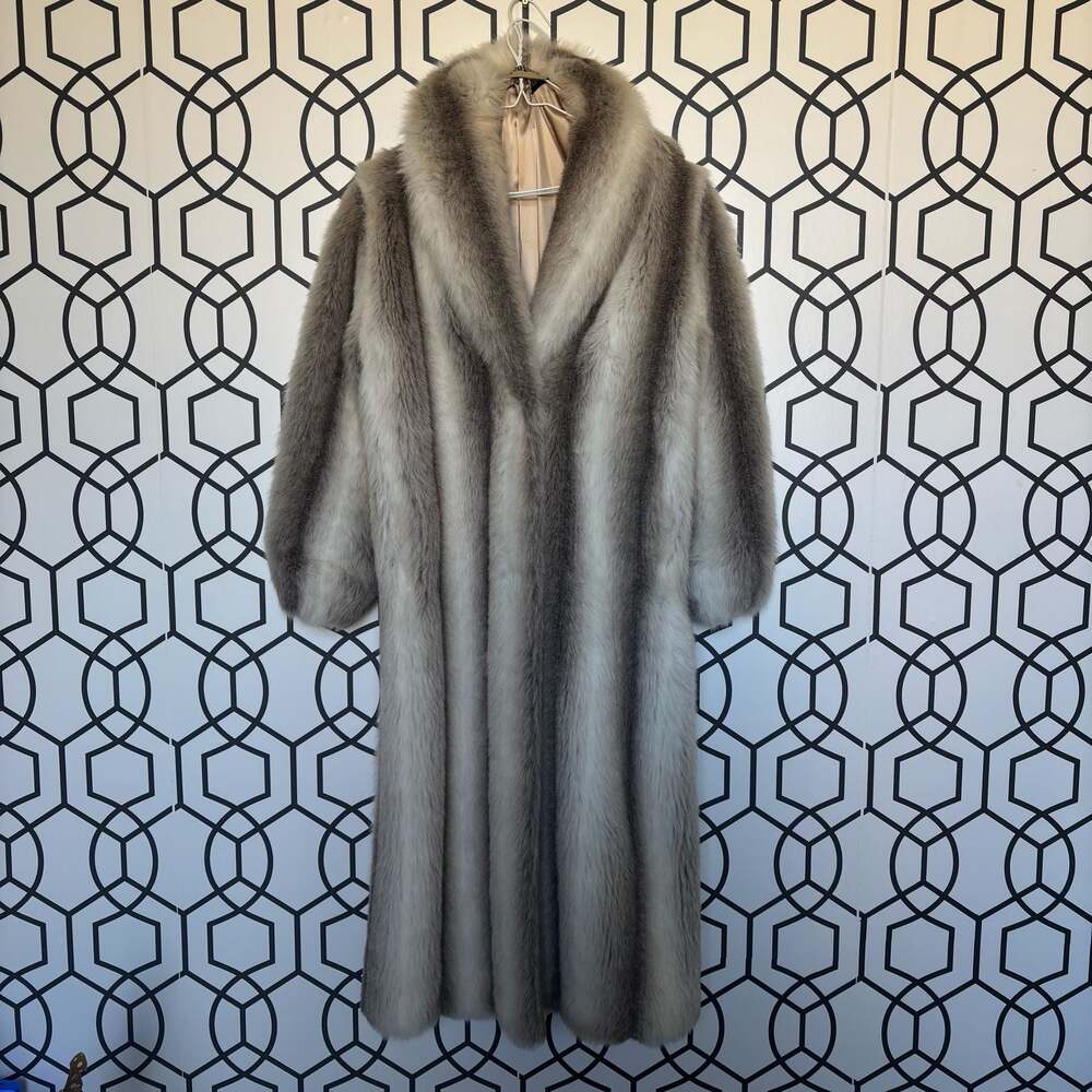 Monterey Fashions Vintage Long Faux Fur Coat Grey White Striped Size Medium